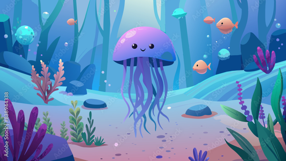 Underwater Adventure: Colorful Jellyfish and Tropical Fish in Coral Reef Underwater Adventure: Colorful Jellyfish and Tropical Fish in Coral Reef