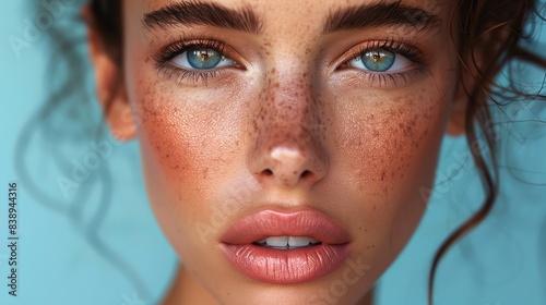 Closeup portrait of a beautiful woman with freckles and blue eyes.
