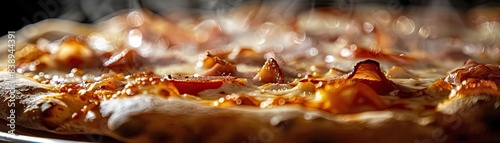 Close-up of freshly baked pizza with melted cheese, pepperoni, and a crispy crust, steaming hot and ready to eat. Perfect for food lovers.