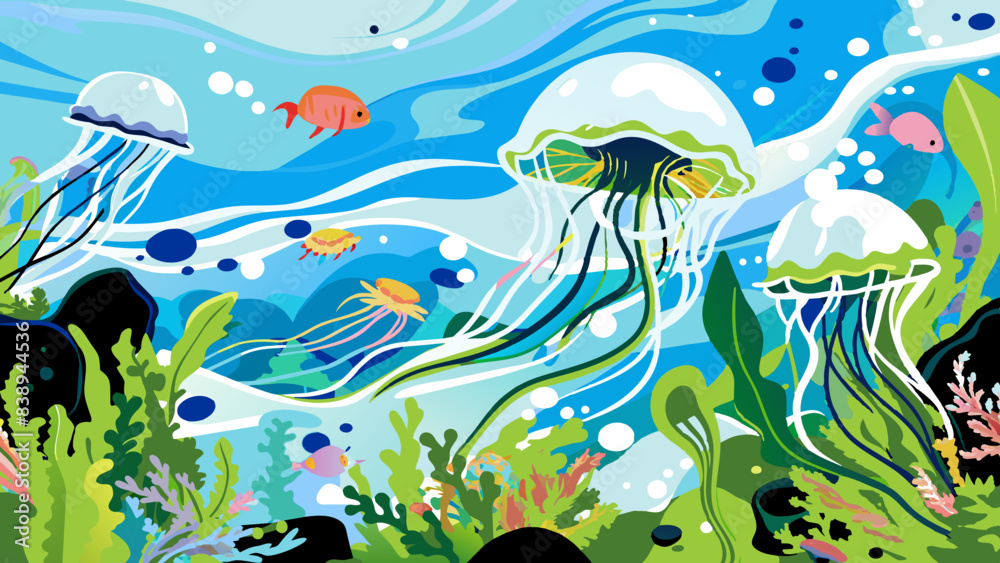 Colorful Underwater Jellyfish Scenery in Ocean Ecosystem Colorful Underwater Jellyfish Scenery in Ocean Ecosystem