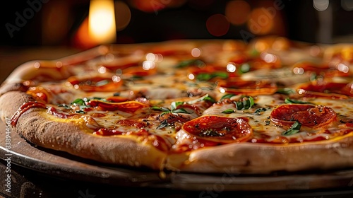 Delicious pepperoni pizza with melted cheese and fresh herbs served on a wooden tray in a cozy, warm atmosphere. photo