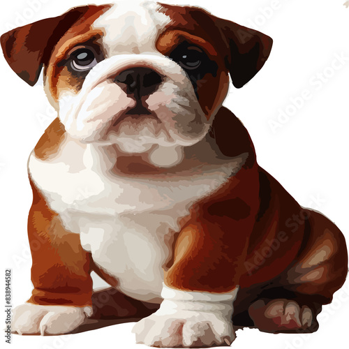 A brown and white bulldog pappy standing 