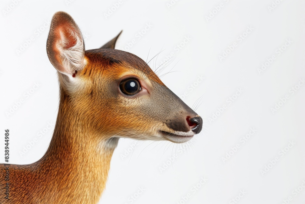 Mystic portrait of Muntjac, copy space on right side, Anger, Menacing, Headshot, Close-up View Isolated on white background Mystic portrait of Muntjac, copy space on right side, Anger, Menacing, Headshot, Close-up View Isolated on white background