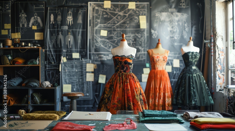 Obraz premium Three vintage dresses on mannequins in a creative workspace.