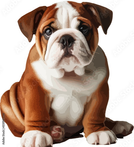 A brown and white bulldog pappy standing 