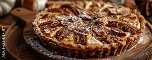 Delicious homemade pecan pie on wooden table, garnished with whole pecans and a sprinkle of powdered sugar, perfect for holidays and celebrations.