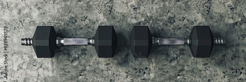 A 3D illustration featuring two fitness gym dumbbells or hexbells with black weights on a concrete floor, featuring a flat lay top view from above and an exercise, bodybuilding, or fitness concept. photo