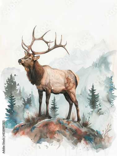 Elk in a serene pose, with a soft watercolor palette, reminiscent of Potter's work
