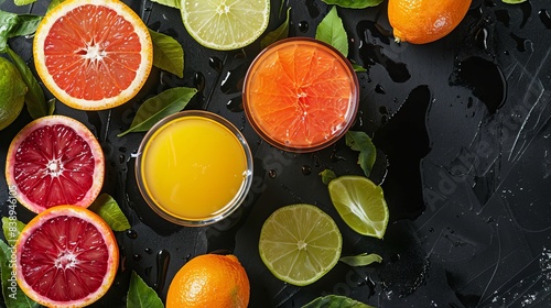 glasses of citrus juices next to leafy lime and ripe orange halves on a black background. Top view  flat lay. 