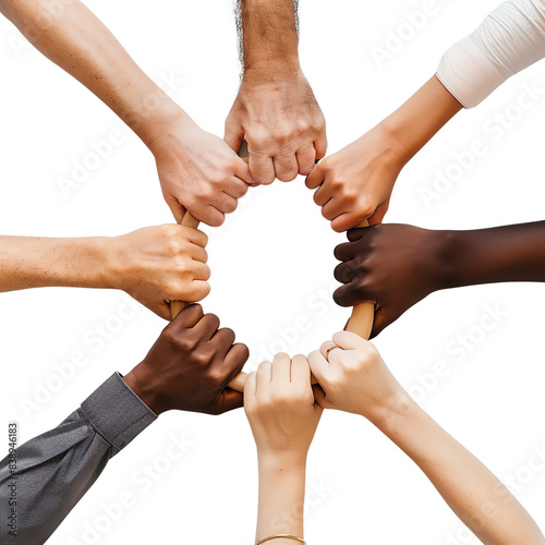 Diverse hands clasped together in a circle, symbolizing unity, teamwork, and collaboration. photo