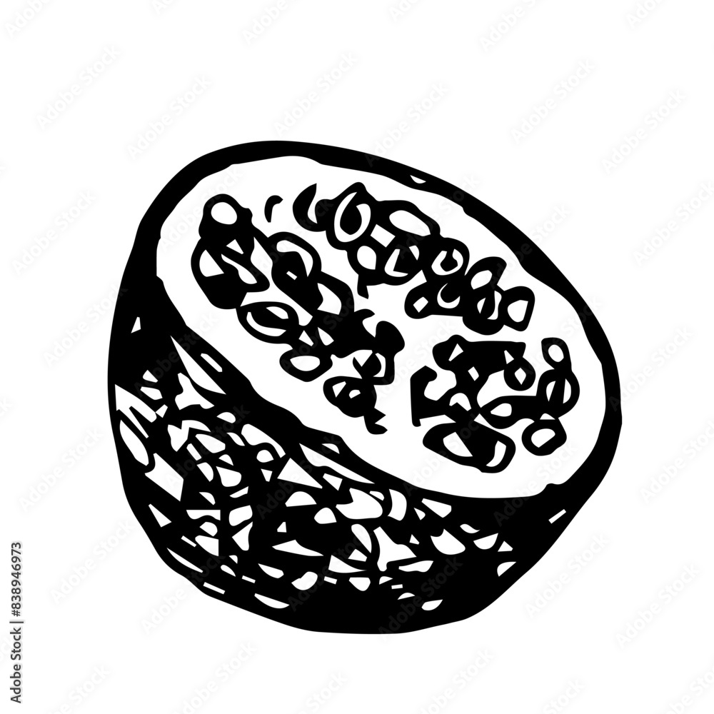 Hand-drawn vector illustration in engraving style. Half of passion fruit, tropical plants, food. Hand-drawn vector illustration in engraving style. Half of passion fruit, tropical plants, food.