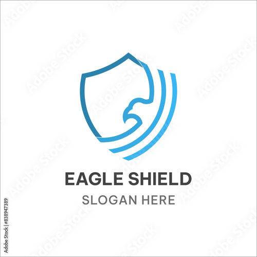 Eagle shield logo concept in outline style. Bird and shield vector illustration