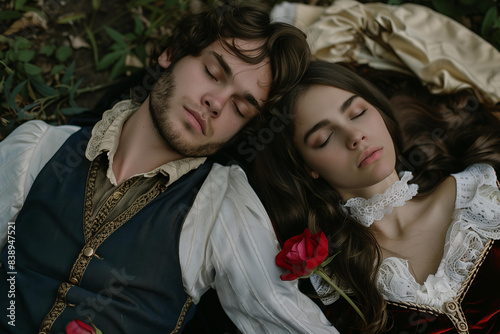 young woman with long brown hair, wearing a vintage velvet dress and white lace collar laying on the lap of an elegant man dressed like a fantasy prince. 