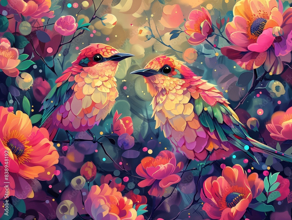 Fototapeta premium Illustration of a couple of lovely birds, colorful floral decoration