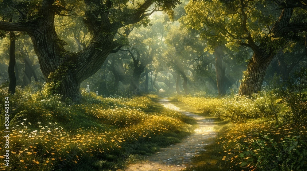 Fototapeta premium Enchanting Forest Pathway with Sunlight Filtering Through Lush Green Trees and Wildflowers