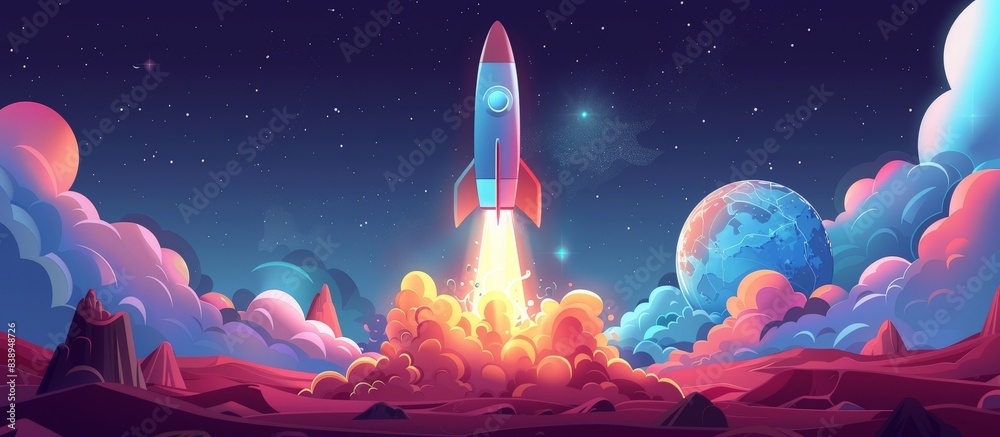 Colorful Rocket Launching into Space with Earth and Stars in the Background, Vibrant Night Sky, Futuristic Space Exploration, Outer Space Adventure, Cosmic Journey, Science Fiction Illustration