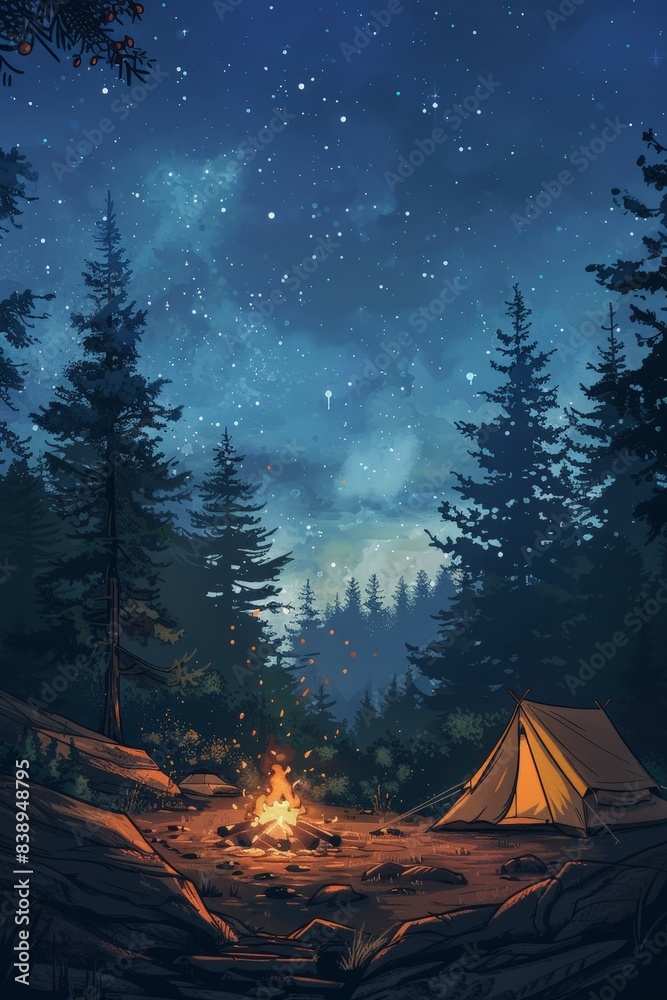 Starry Night Camping Scene in a Forest with a Tent and Campfire Under a Clear Sky Filled with Stars and Constellations Starry Night Camping Scene in a Forest with a Tent and Campfire Under a Clear Sky Filled with Stars and Constellations