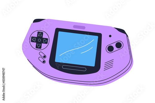 Game console. Videogame controller. Nostalgic 90s and 00s gamepad. Retro gaming device, digital screen. Old electronic entertainment gadget. Flat vector illustration isolated on white background