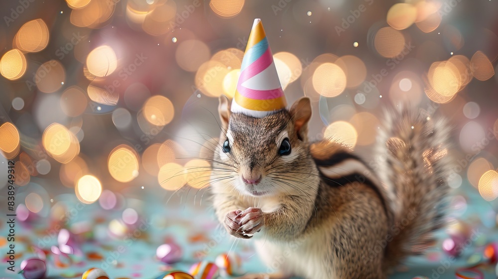 Fototapeta premium Happy cute chipmunk in party hat celebrating birthday, bokeh conffeti and ballon background