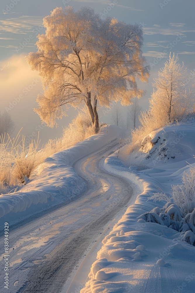 Obraz premium Serene Winter Landscape with Snow-Covered Road and Frosty Trees at Sunrise, Capturing the Beauty of a Tranquil Morning in a Snowy Countryside