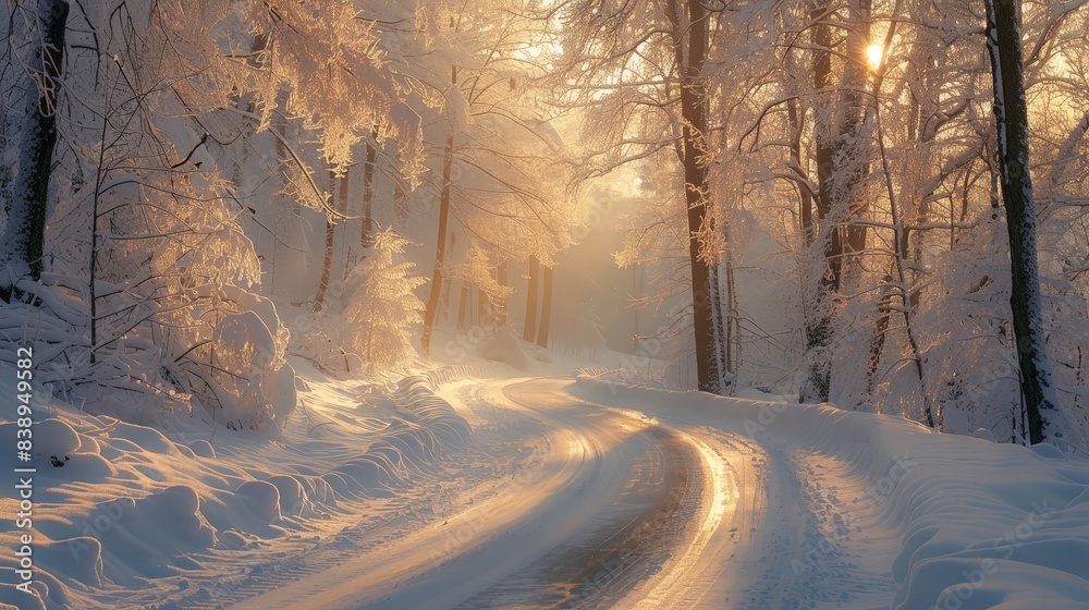 Serene Winter Wonderland with Snow-Covered Trees and Sunlight Filtering Through the Forest, Creating a Magical and Tranquil Atmosphere on a Curved Snowy Path Serene Winter Wonderland with Snow-Covered Trees and Sunlight Filtering Through the Forest, Creating a Magical and Tranquil Atmosphere on a Curved Snowy Path