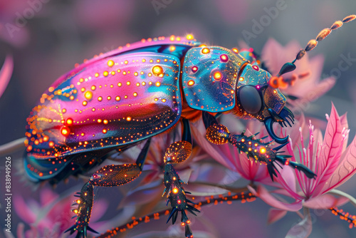 Fashioninspired bug with magical effects, fantasy style, bright colors, 3D rendering, intricate patterns, ethereal glow, dynamic pose photo