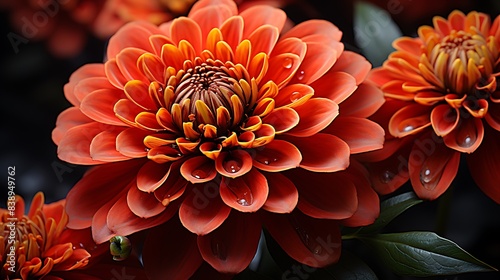 Bright orange zinnia petals spread across a solid black background  their vibrant hue standing out boldly