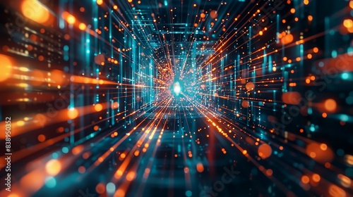 A vibrant digital tunnel with glowing blue and orange lines, representing data flow and futuristic technology in a virtual environment. © 1st footage