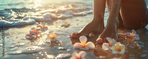Barefoot woman standing on sandy beach with plumeria flowers, sunrise glow. Tranquility and relaxation concept photo