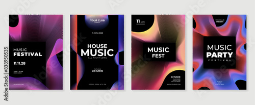 Music poster design background vector set. Electro Sound Cover template with vibrant perspective 3d geometric prism shape. Ideal design for social media, flyer, party, music festival, club.