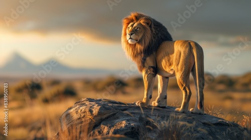 Majestic lion standing on rock during sunset, savannah landscape. Wildlife and nature photography concept