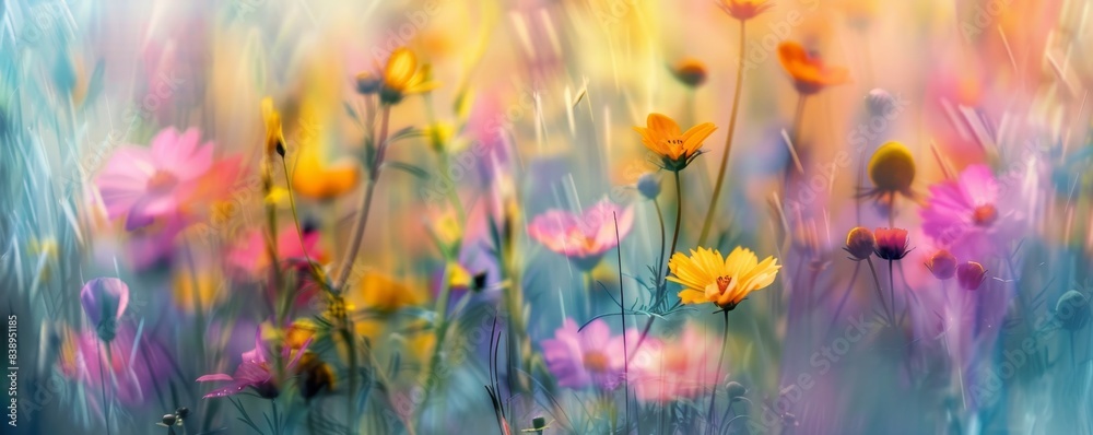 Colorful meadow with wildflowers in bloom, dreamy atmosphere. Nature tranquility and beauty concept Colorful meadow with wildflowers in bloom, dreamy atmosphere. Nature tranquility and beauty concept
