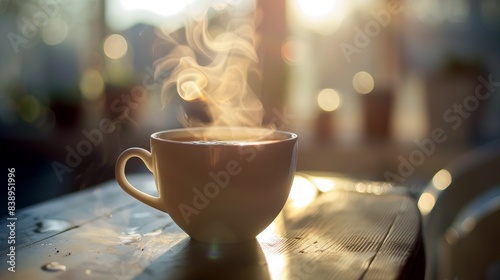 A steaming cup of coffee sits on a wooden table with a warm, sunlit background, evoking a cozy and relaxing atmosphere.
