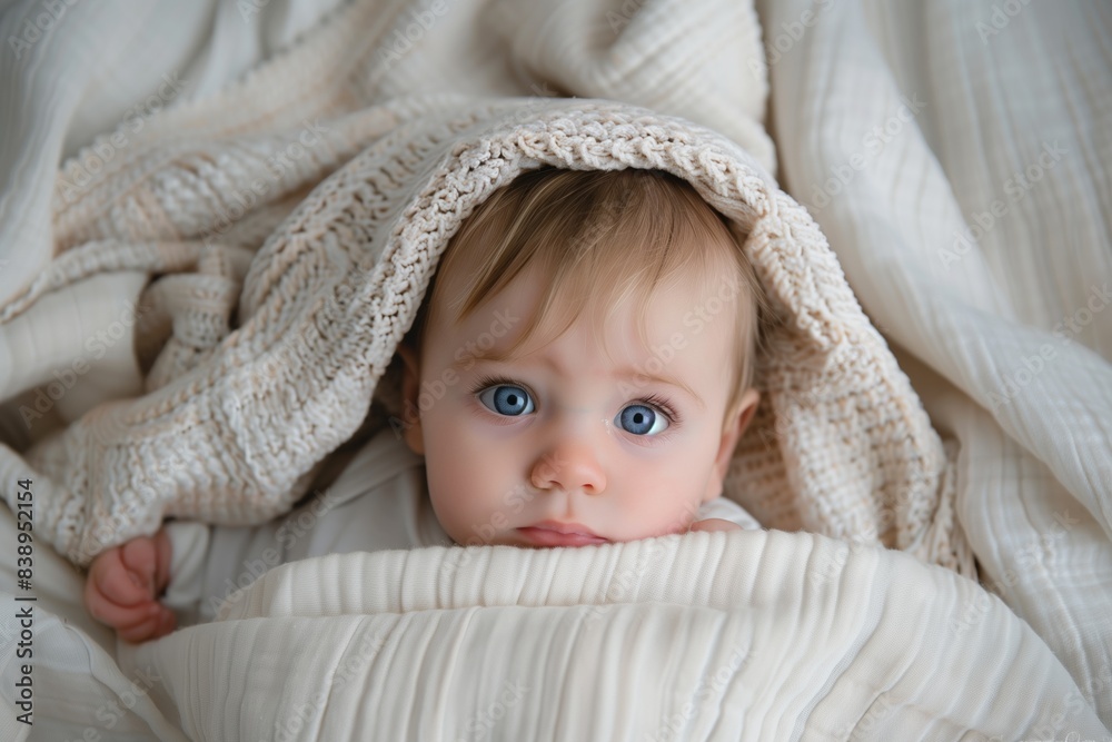 Adorable Baby Peeking Out from Blanket: Sweet Infant Gazing Out from Cover Adorable Baby Peeking Out from Blanket: Sweet Infant Gazing Out from Cover