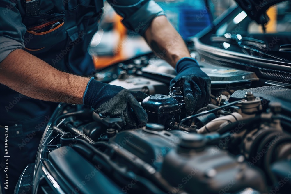 Close-up of a car repair service technician in a car repair station Close-up of a car repair service technician in a car repair station