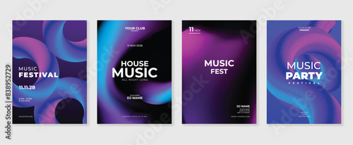 Music poster design background vector set. Electro Sound Cover template with abstract gradient line wave. Ideal design for social media, flyer, party, music festival, club.