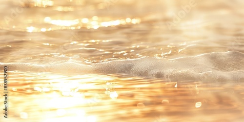 Gentle sea waves illuminated by the warm glow of sunlight. Abstract blur light on clear water close up. Colorful background.