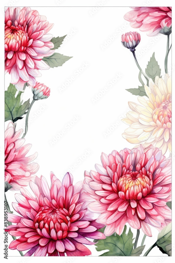 hrysanthemum themed frame or border for photos and text. with bold and vibrant blooms. watercolor illustration,  white color background. 