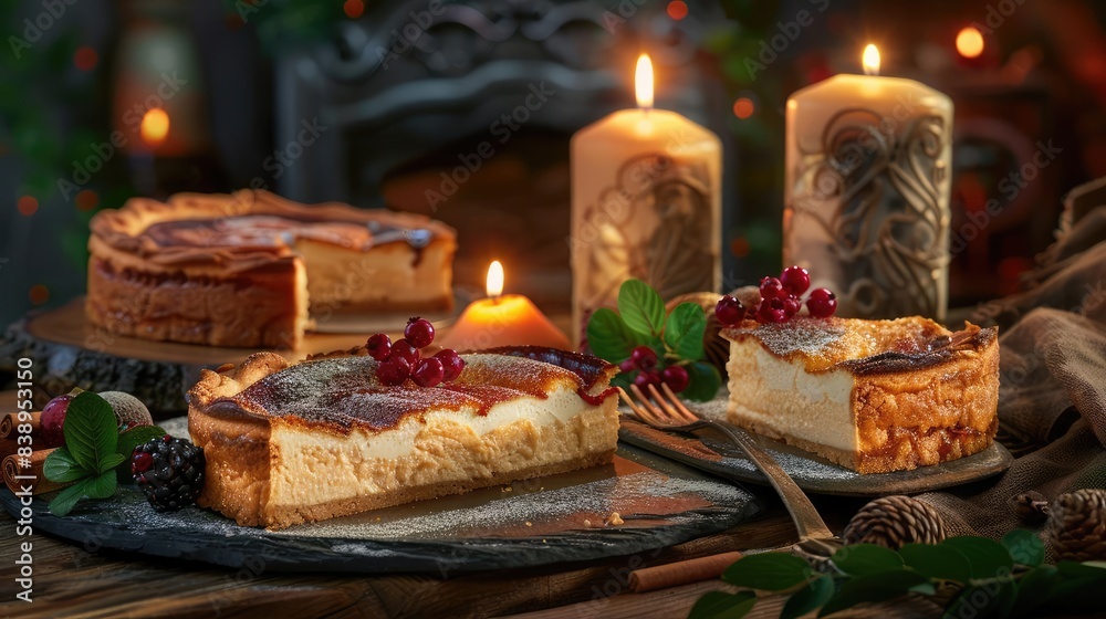 Obraz premium Cozy autumn evening with lit candles and delicious cheesecake garnished with berries, set in a warm, rustic atmosphere.