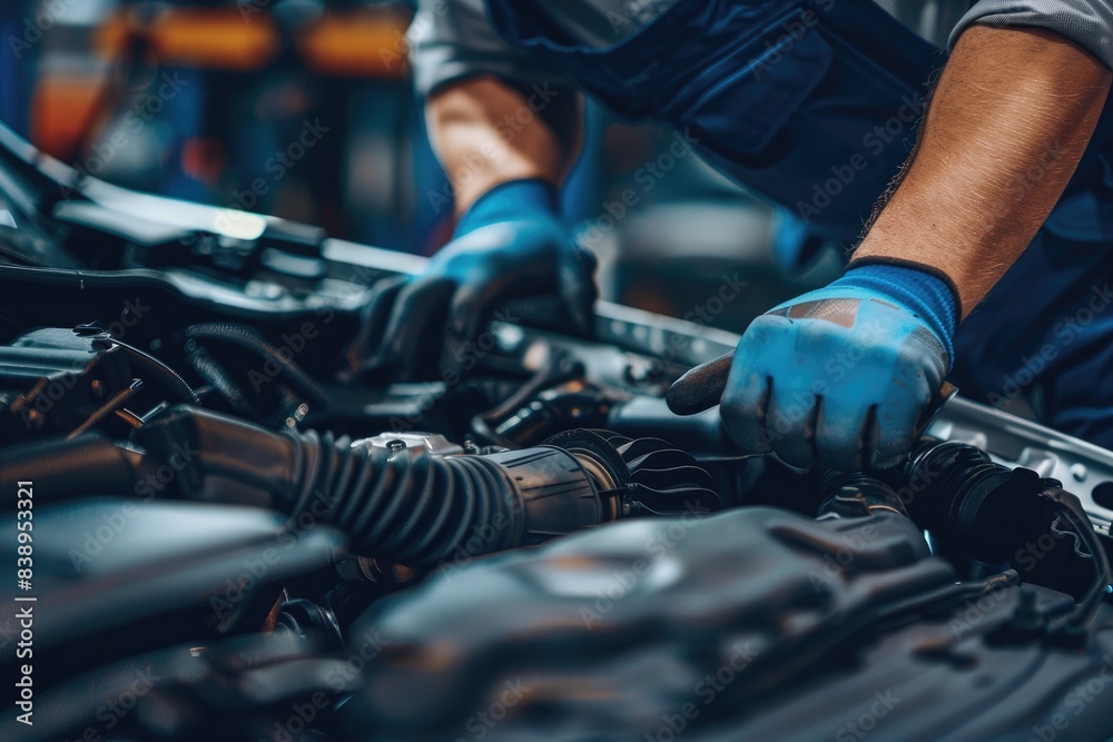 Close-up of a car repair service technician in a car repair station Close-up of a car repair service technician in a car repair station