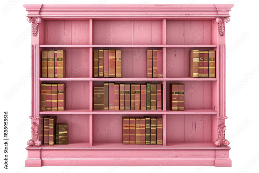 A pink bookshelf with many books on it A pink bookshelf with many books on it