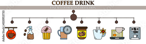 Coffee drink lineal color icon collection. With icon of bar,cake, time to coffee, mug, latte machine, relax on coffee and more. For sign, symbol, infographics, presentation or web graphic