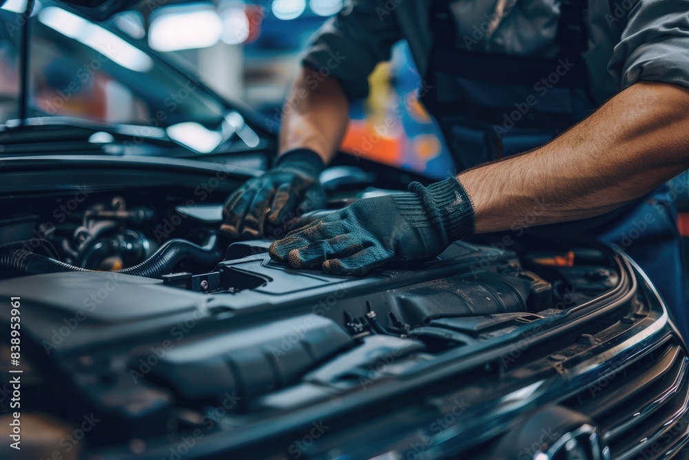 Close-up of a car repair service technician in a car repair station Close-up of a car repair service technician in a car repair station