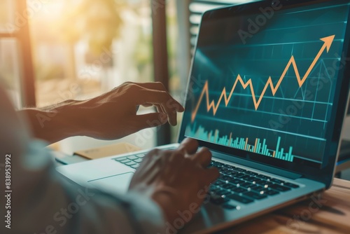 Investment strategy planning. Businessperson hands use a laptop with arrows graphically displayed on an upward growth screen, analyzing financial growth charts, and business planning.