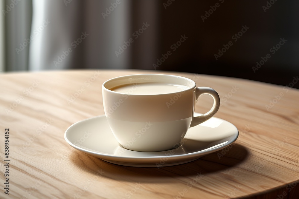 White coffee cup filled with beverage basking in soft sunlight on a wooden table