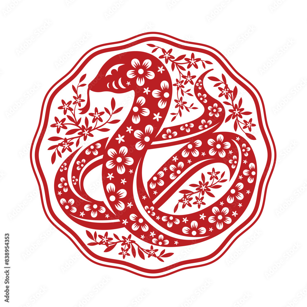 Obraz premium Chinese Zodiac Animals - Red paper cuting snake and flower leaf around in circle zigzag curve frame vector design