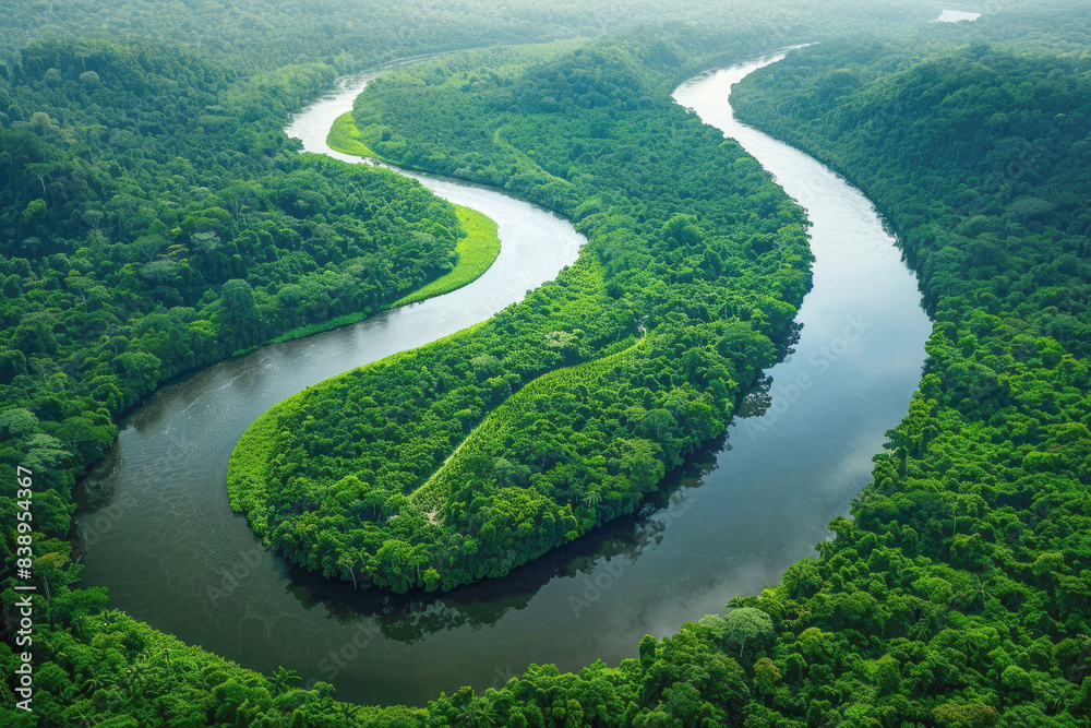 Serene river cutting through tropical forest seen from above. Serene river cutting through tropical forest seen from above.