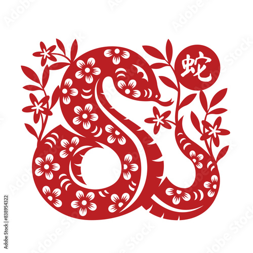Chinese Zodiac Animals - Red paper cuting snake and china word mean snake in circle with flower and leaf around vector design