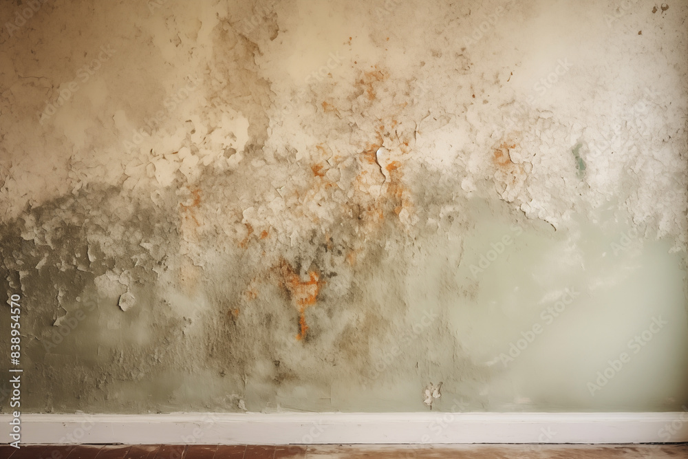 Shabby wall in need of renovation, with mold and moisture damage posing health risks in the old rental building's basement interior.