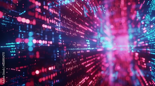 Futuristic digital data flow represented by glowing red and blue dots, signifying high-speed information transfer in a technology-driven world. © 1st footage